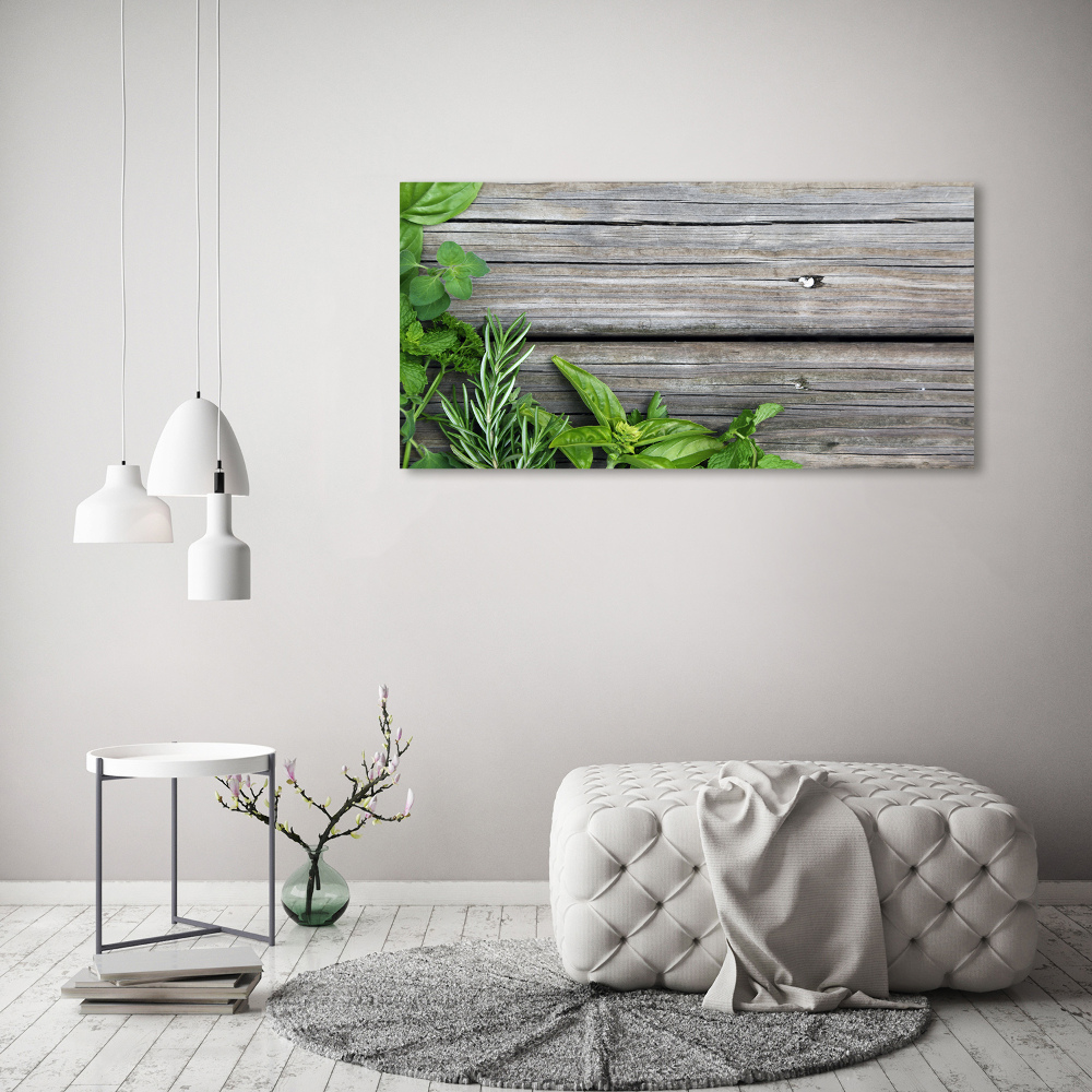 Canvas wall art Wooden background herbs