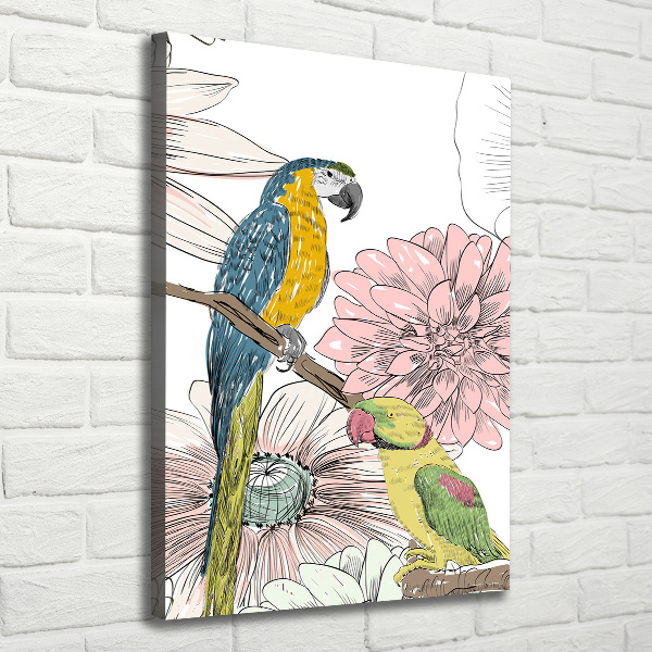 Picture canvas print Parrots and flowers