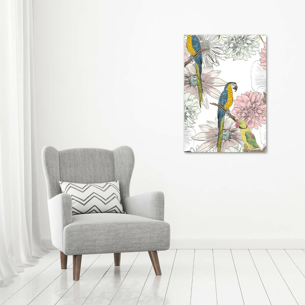 Picture canvas print Parrots and flowers