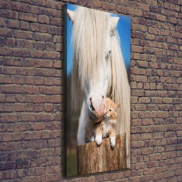 Large canvas wall art White horse with a cat