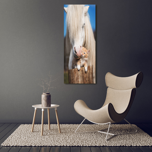 Large canvas wall art White horse with a cat