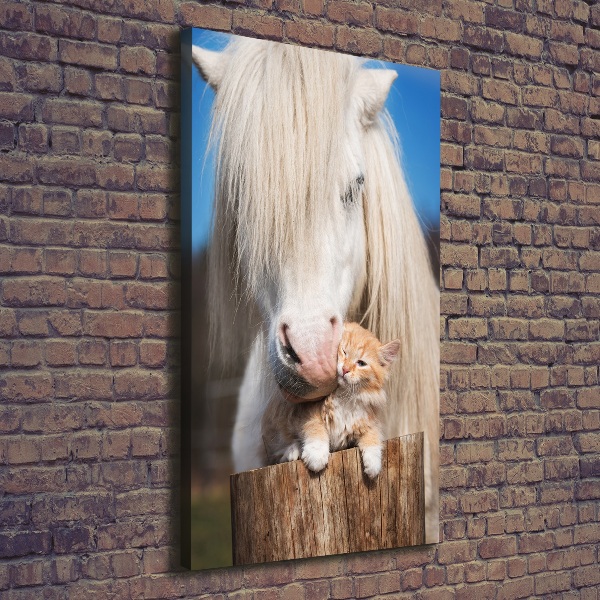 Large canvas wall art White horse with a cat