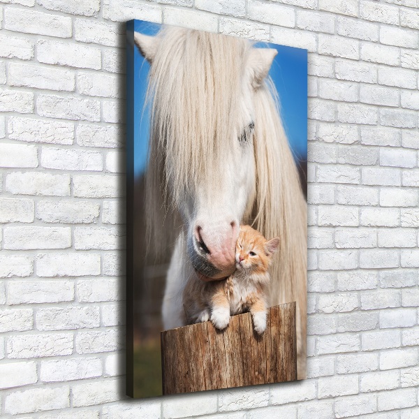 Large canvas wall art White horse with a cat