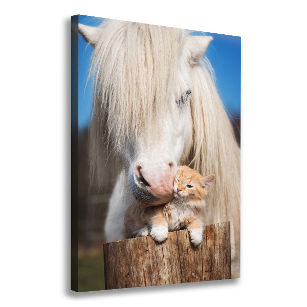 Large canvas wall art White horse with a cat