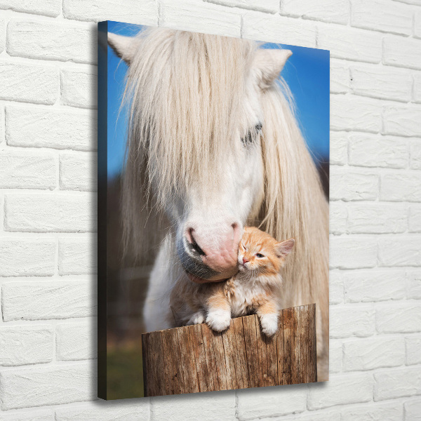 Large canvas wall art White horse with a cat