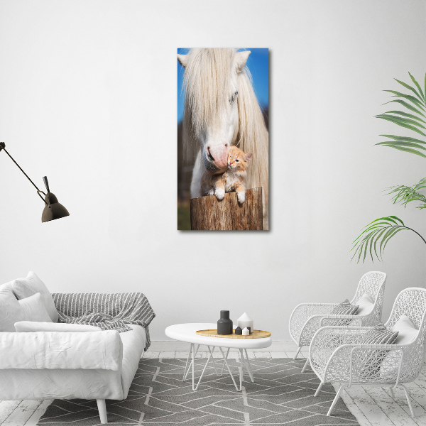 Large canvas wall art White horse with a cat