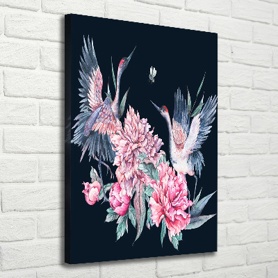 Large canvas wall art Cranes and peonies