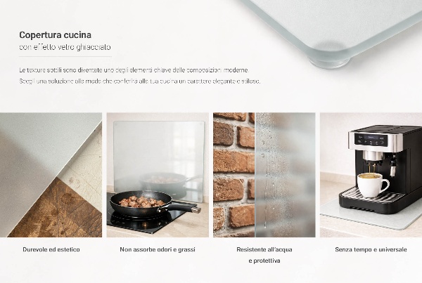 Glass worktop saver in a square shape with a semi-transparent finish