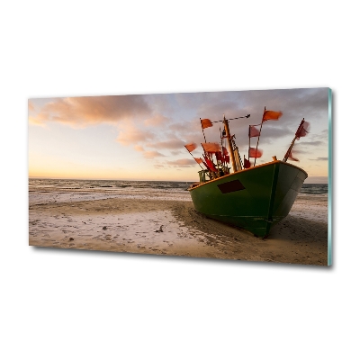 Glass art picture Fishing boat beach