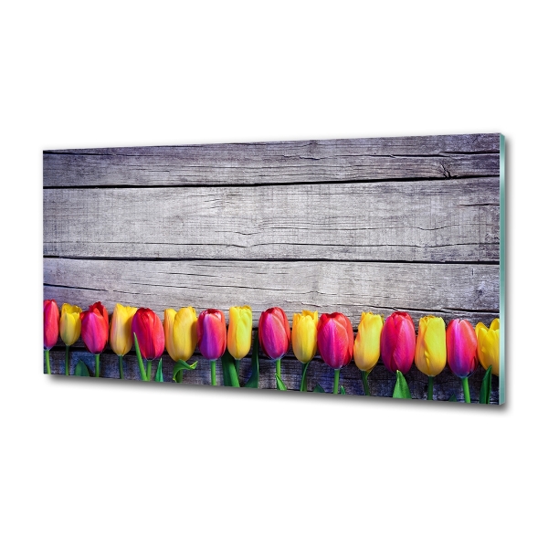 Glass wall art large Tulips on wood