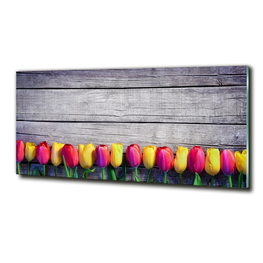 Glass wall art large Tulips on wood