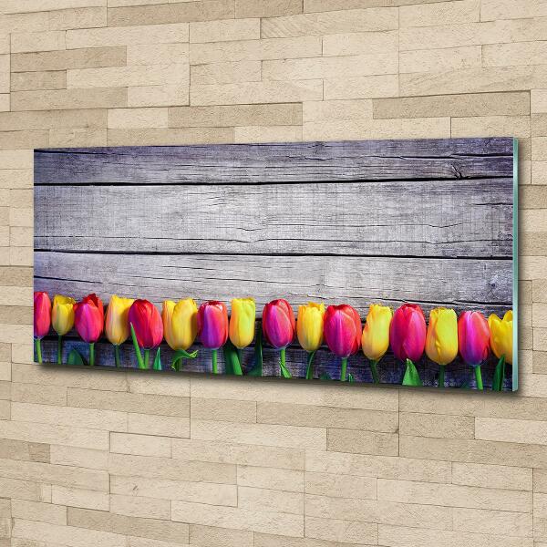 Glass wall art large Tulips on wood