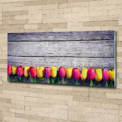 Glass wall art large Tulips on wood