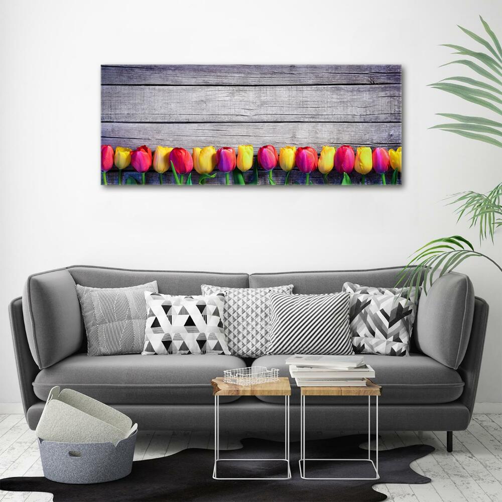 Glass wall art large Tulips on wood