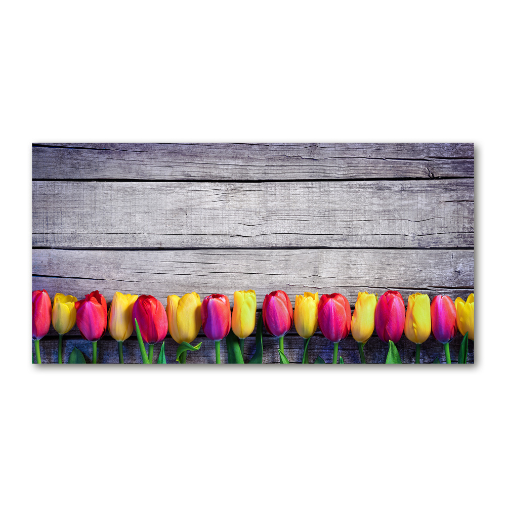 Glass wall art large Tulips on wood