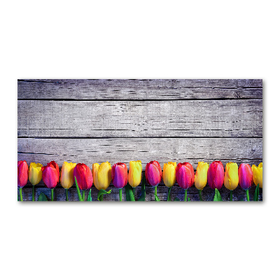 Glass wall art large Tulips on wood