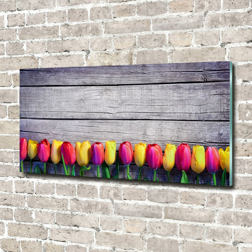 Glass wall art large Tulips on wood