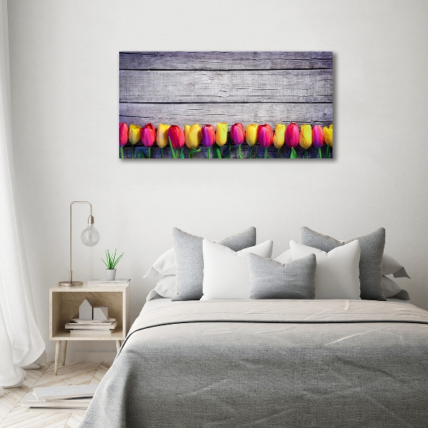 Glass wall art large Tulips on wood