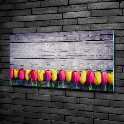 Glass wall art large Tulips on wood