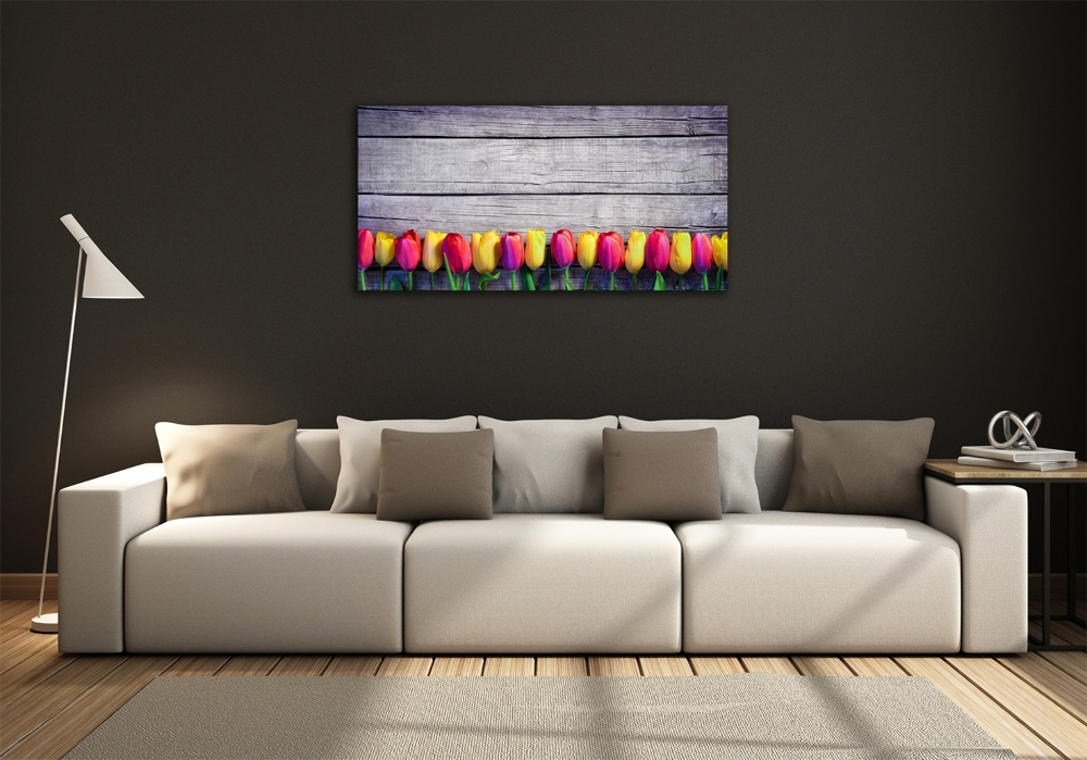 Glass wall art large Tulips on wood