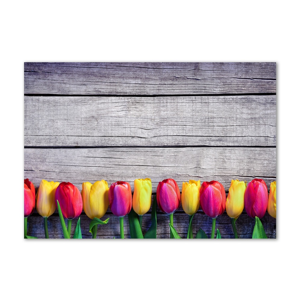 Glass wall art large Tulips on wood