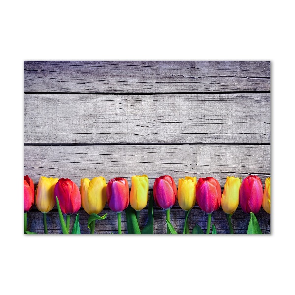 Glass wall art large Tulips on wood