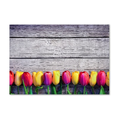 Glass wall art large Tulips on wood