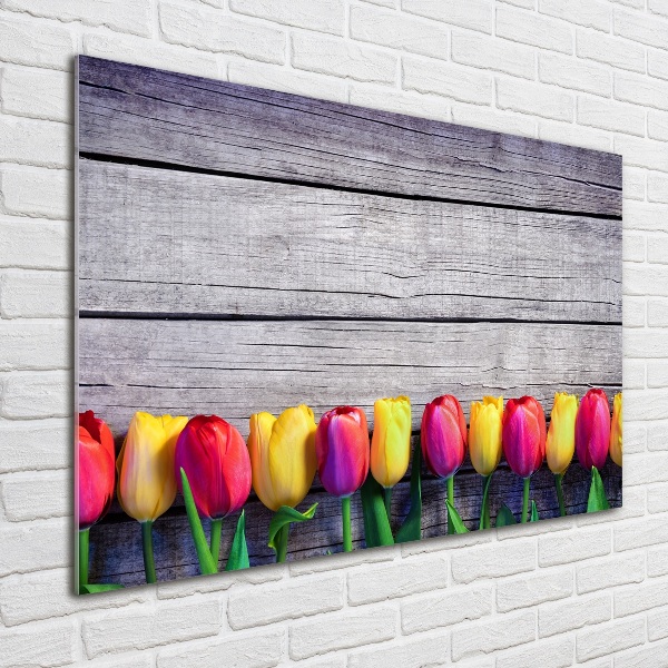 Glass wall art large Tulips on wood