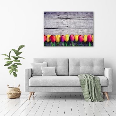 Glass wall art large Tulips on wood