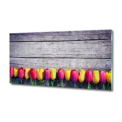 Glass wall art large Tulips on wood