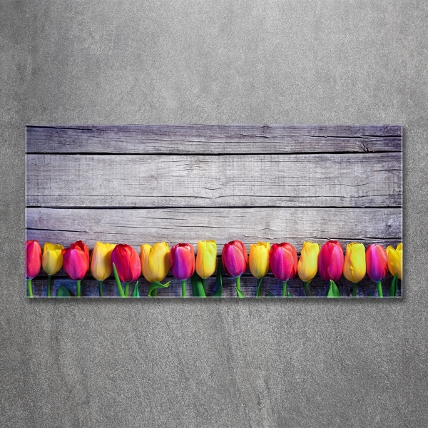 Glass wall art large Tulips on wood