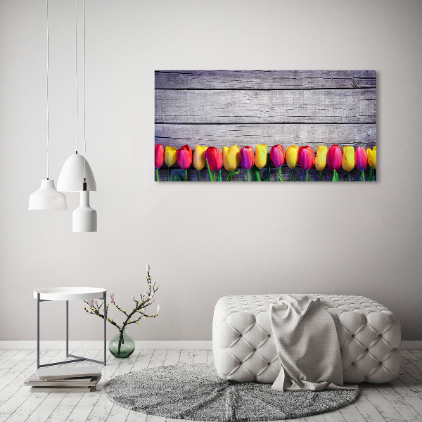 Glass wall art large Tulips on wood