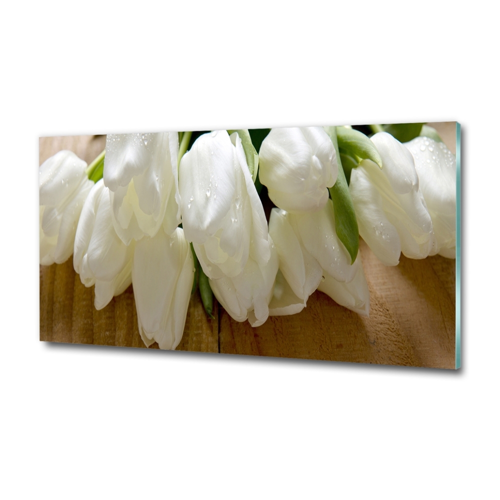 Wall art on glass White tulips