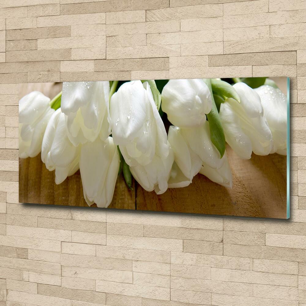 Wall art on glass White tulips