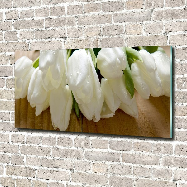 Wall art on glass White tulips