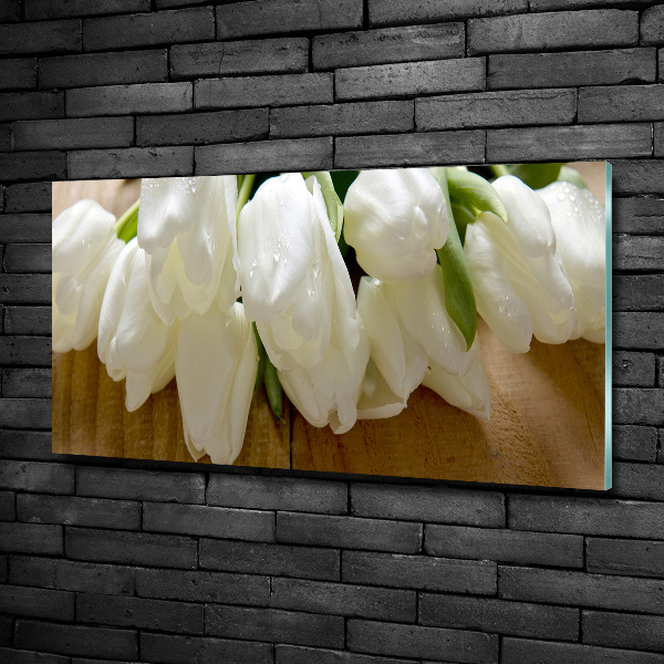 Wall art on glass White tulips