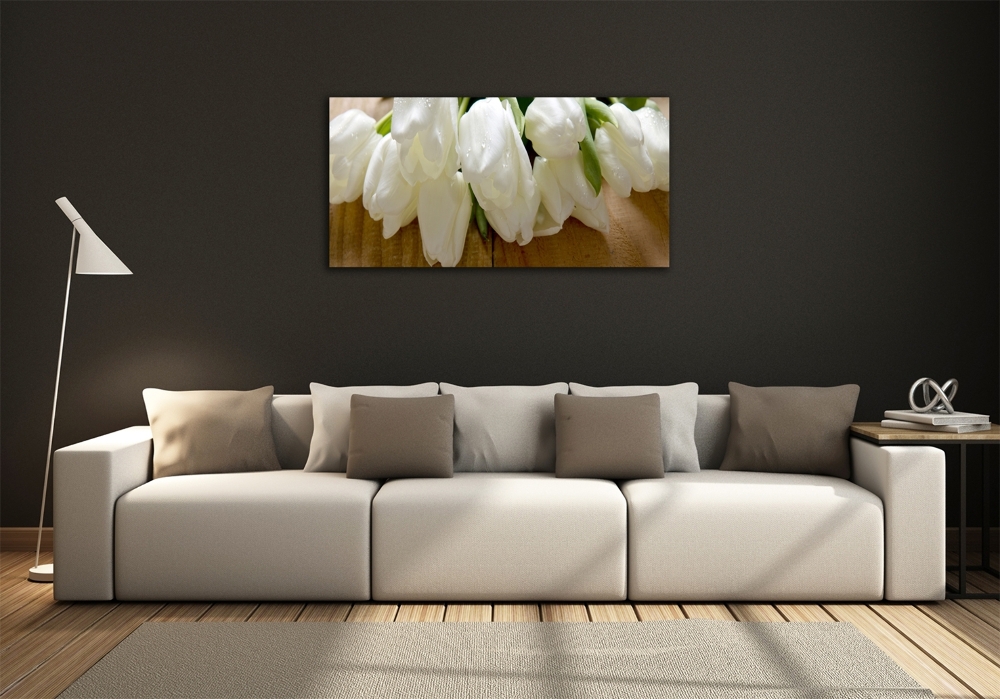 Wall art on glass White tulips