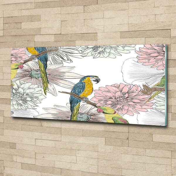 Glass wall art Parrots and flowers