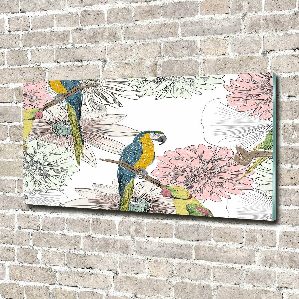 Glass wall art Parrots and flowers