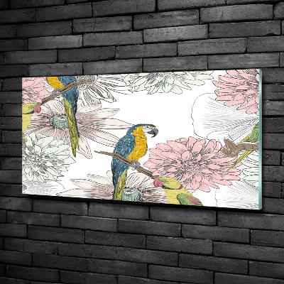 Glass wall art Parrots and flowers