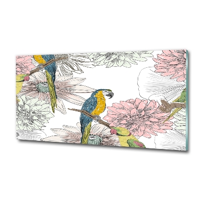 Glass wall art Parrots and flowers