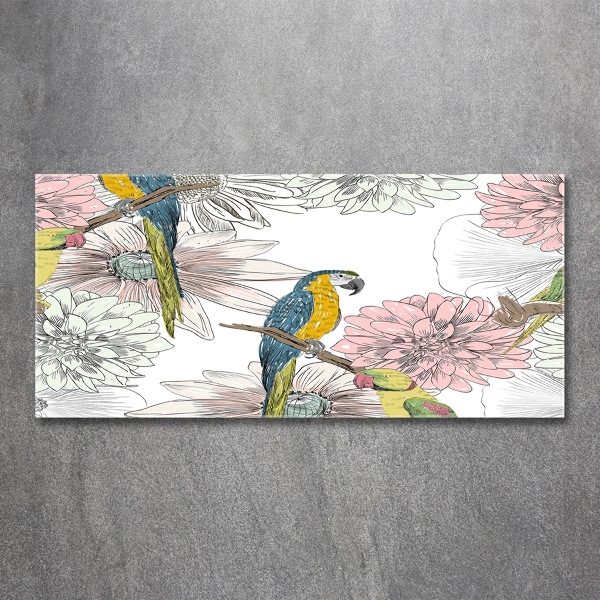 Glass wall art Parrots and flowers