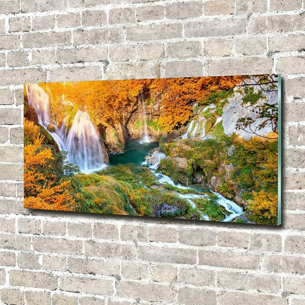 Wall art on glass Waterfall in autumn