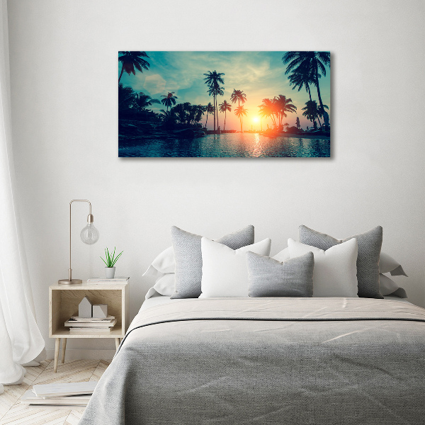 Glass wall art Sunset palm trees