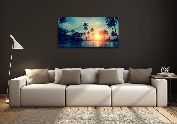 Glass wall art Sunset palm trees