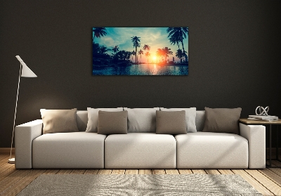 Glass wall art Sunset palm trees