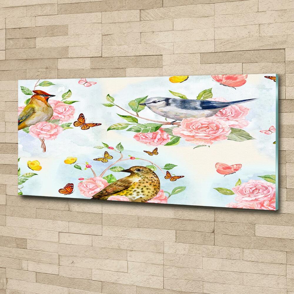 Glass art print Birds and roses