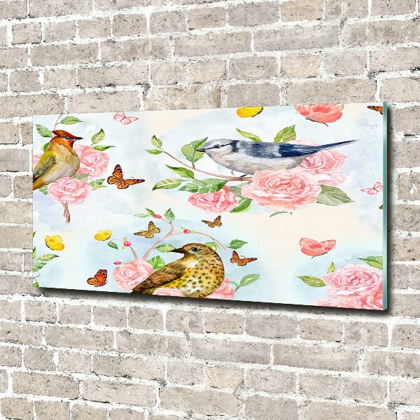 Glass art print Birds and roses