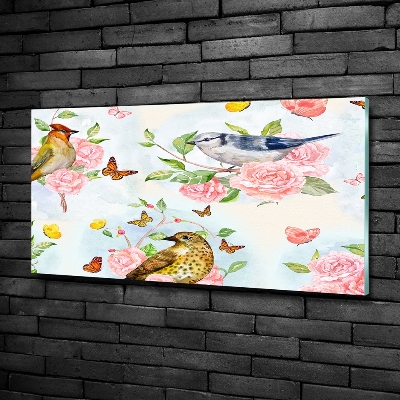 Glass art print Birds and roses