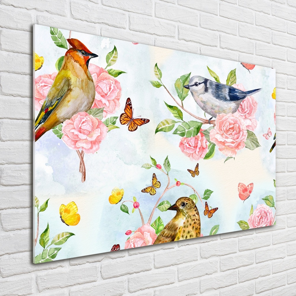 Glass art print Birds and roses